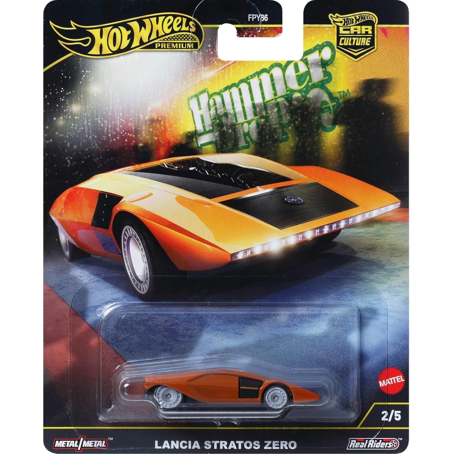 Hot Wheels 1:64 scale Hammer Drop die-cast model of the Lancia Stratos Zero with futuristic wedge design.