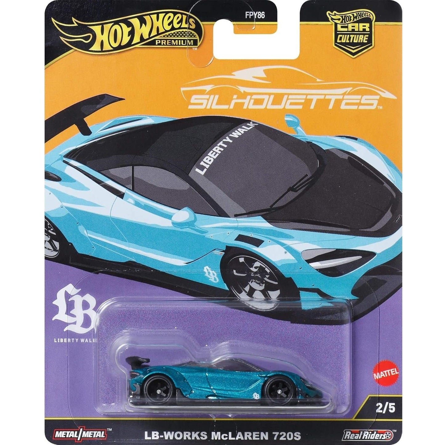 Hot Wheels 1:64 scale Silhouettes series die-cast model of the LB-Works McLaren 720S with Liberty Walk widebody kit and racing livery.