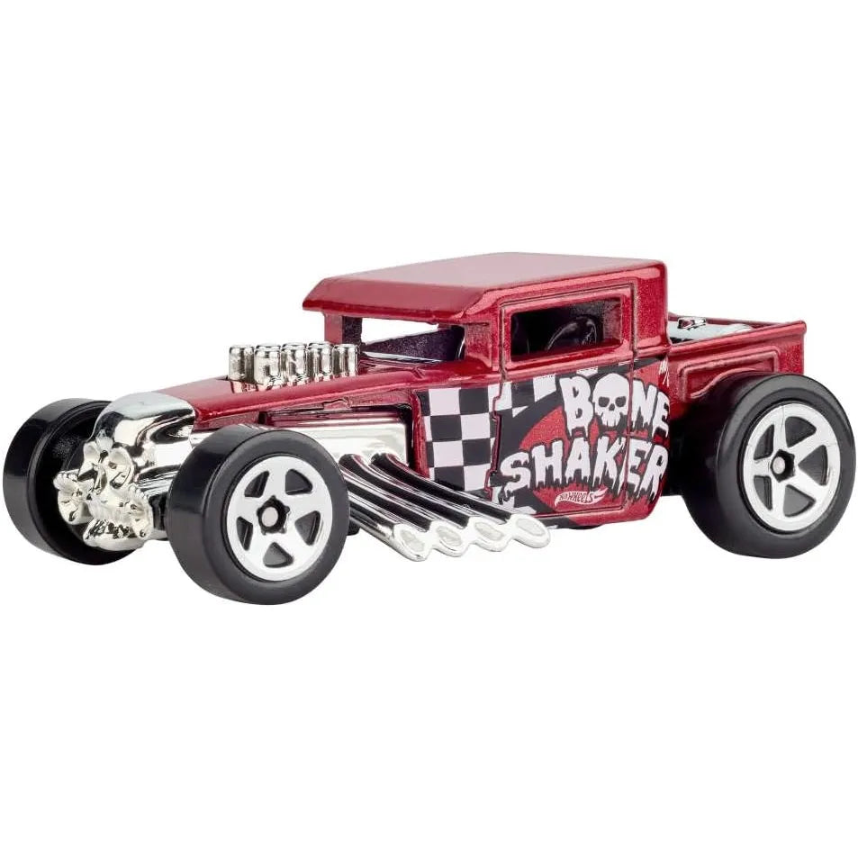 Hot Wheels 1:64 scale Mattel 80th Anniversary Ruby Red 5-Pack featuring Twin Mill, Bone Shaker, and more in collector packaging.