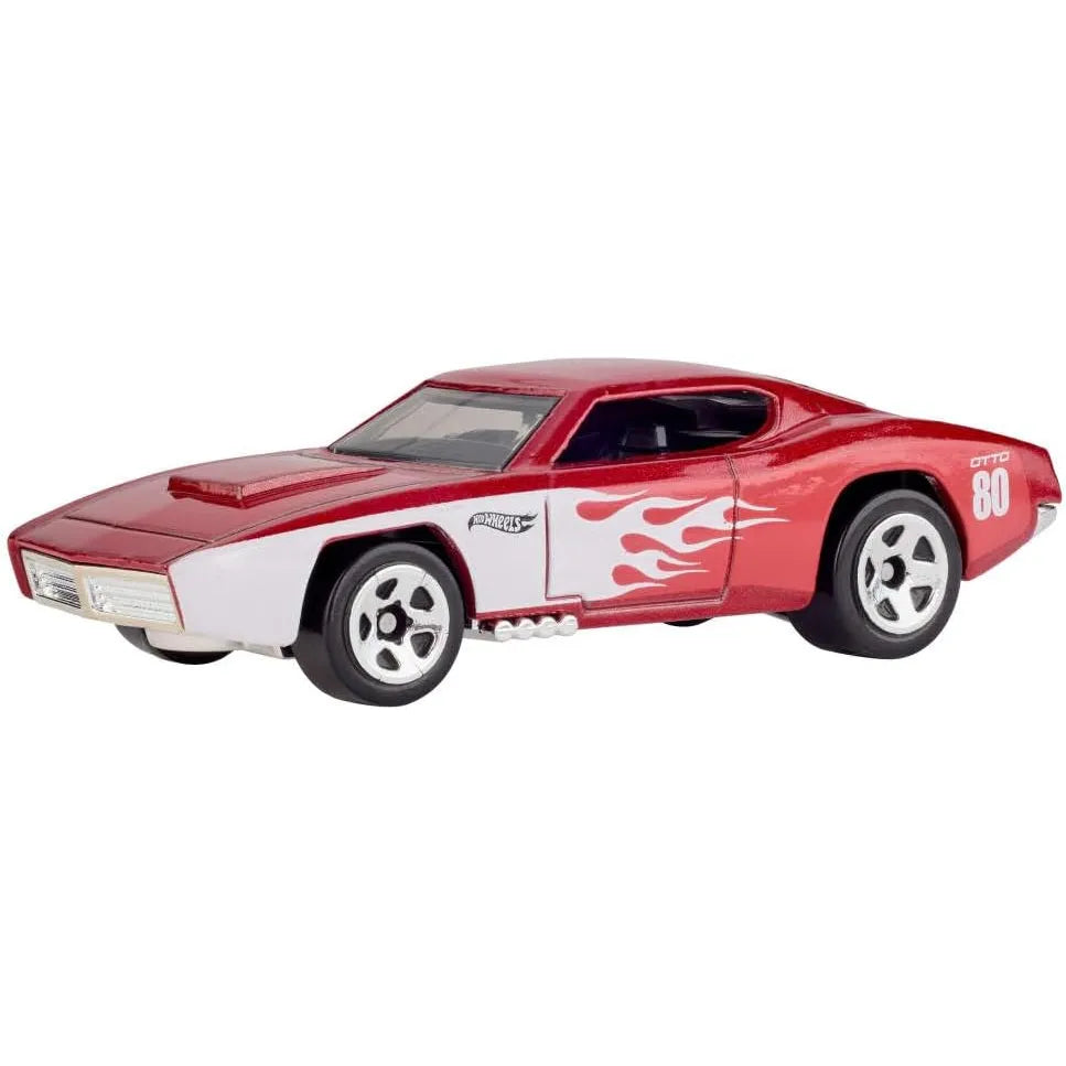 Hot Wheels 1:64 scale Mattel 80th Anniversary Ruby Red 5-Pack featuring Twin Mill, Bone Shaker, and more in collector packaging.