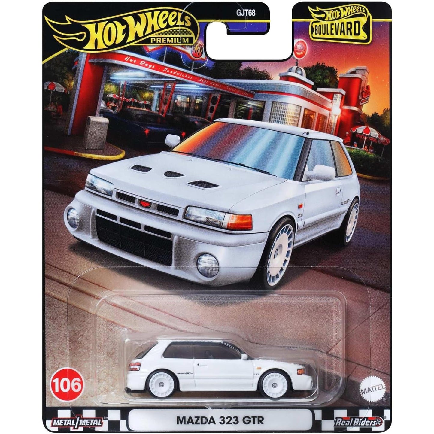 Hot Wheels Boulevard Premium 1:64 Mazda 323 GTR in white with Real Riders tires and ICY HOT license plate.