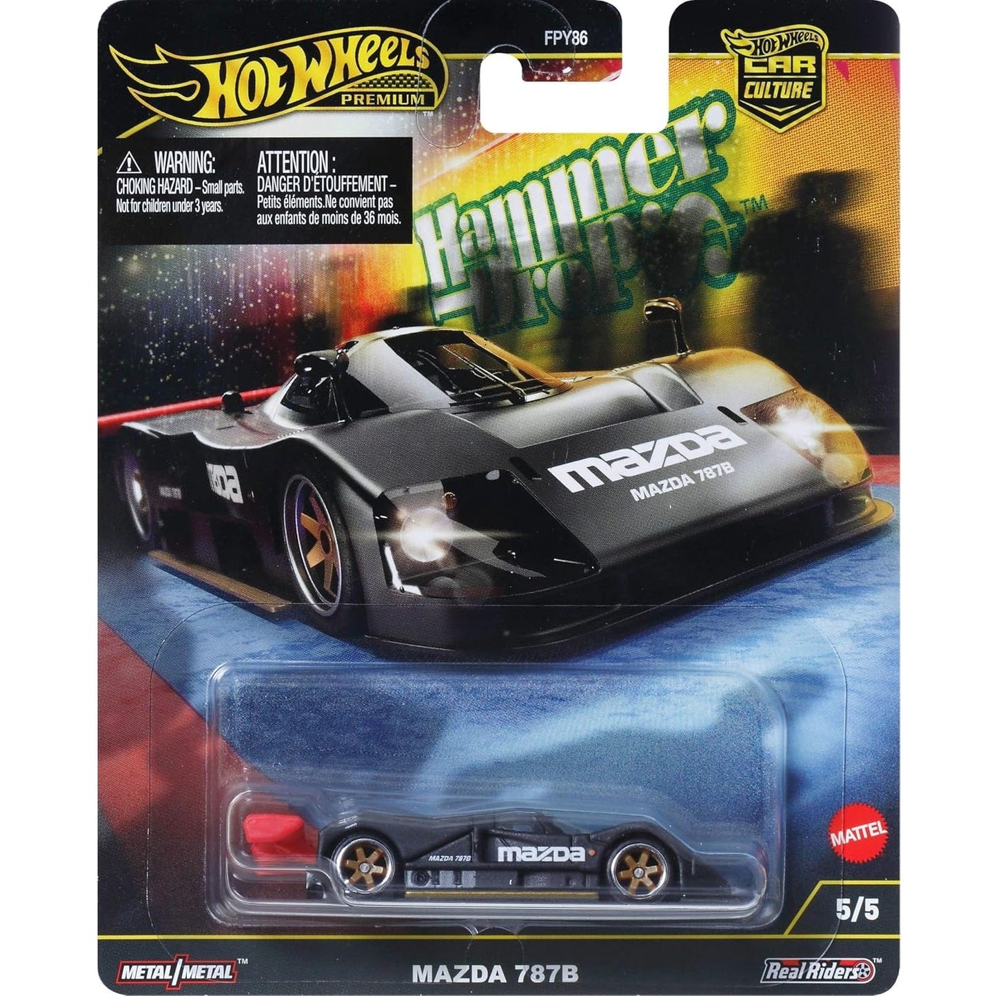 Hot Wheels 1:64 scale Premium Hammer Drops Series die-cast model of the Mazda 787B with authentic race livery