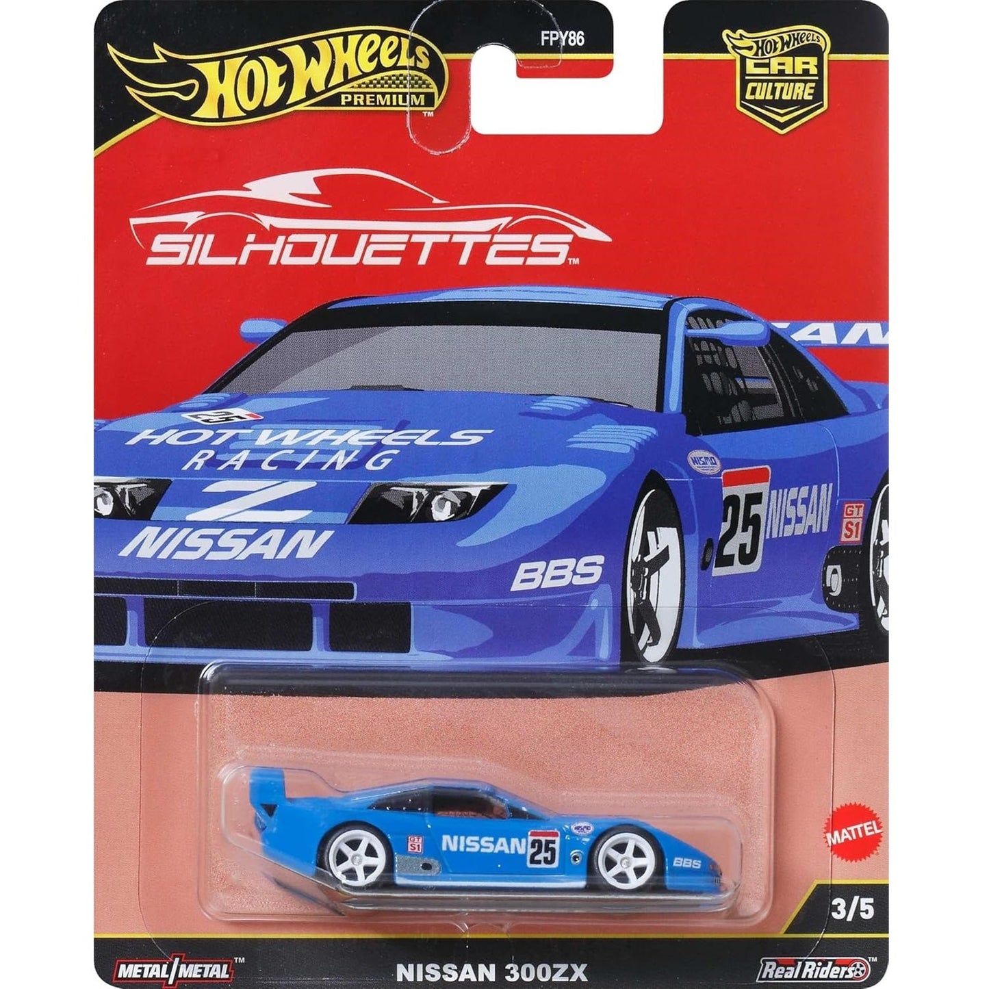 Hot Wheels 1:64 scale Silhouettes series die-cast model of the Nissan 300ZX with race-inspired livery.
