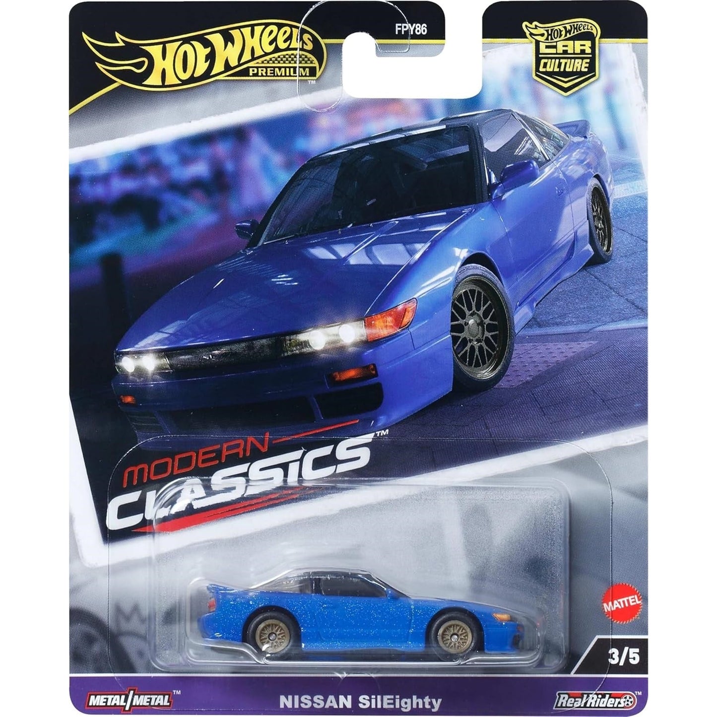 Hot Wheels 1:64 scale Car Culture Modern Classics Nissan SilEighty die-cast model with JDM detailing and Real Riders wheels.