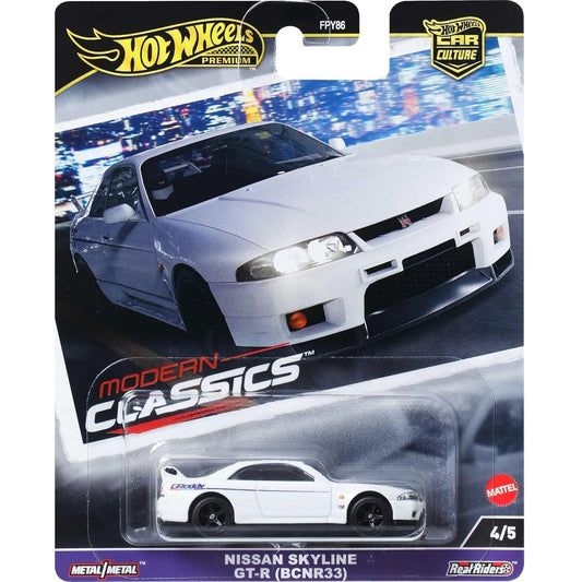 Hot Wheels 1:64 scale Car Culture Modern Classics Nissan Skyline GT-R R33 die-cast model with premium detailing and Real Riders wheels.