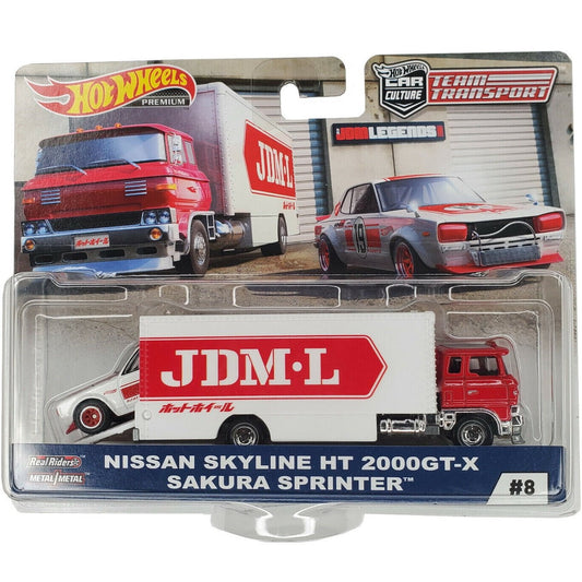 Hot Wheels 1:64 scale Team Transport #8 FYT04 FLF56 die-cast model of the Nissan Skyline HT-X 2000GT and Sakura Sprinter transport truck with authentic race livery.