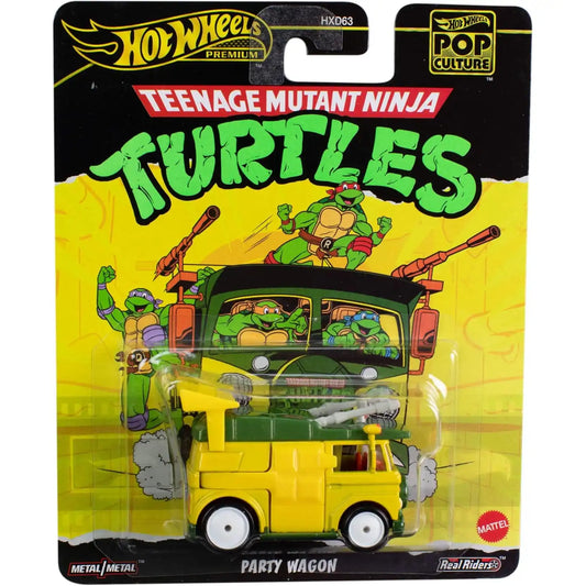 Hot Wheels Premium Pop Culture Teenage Mutant Ninja Turtles Party Wagon die-cast model in classic yellow and green.
