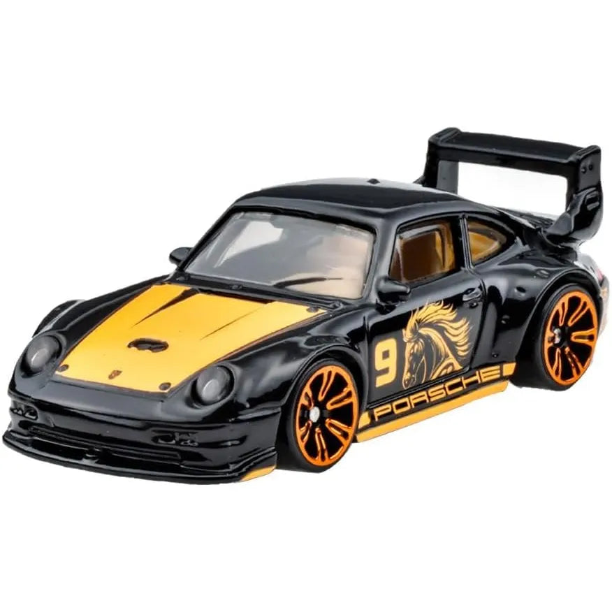 Hot Wheels 1:64 Porsche 993 GT2 in black with orange horse graphics and neon wheels from Neon Speeders series.