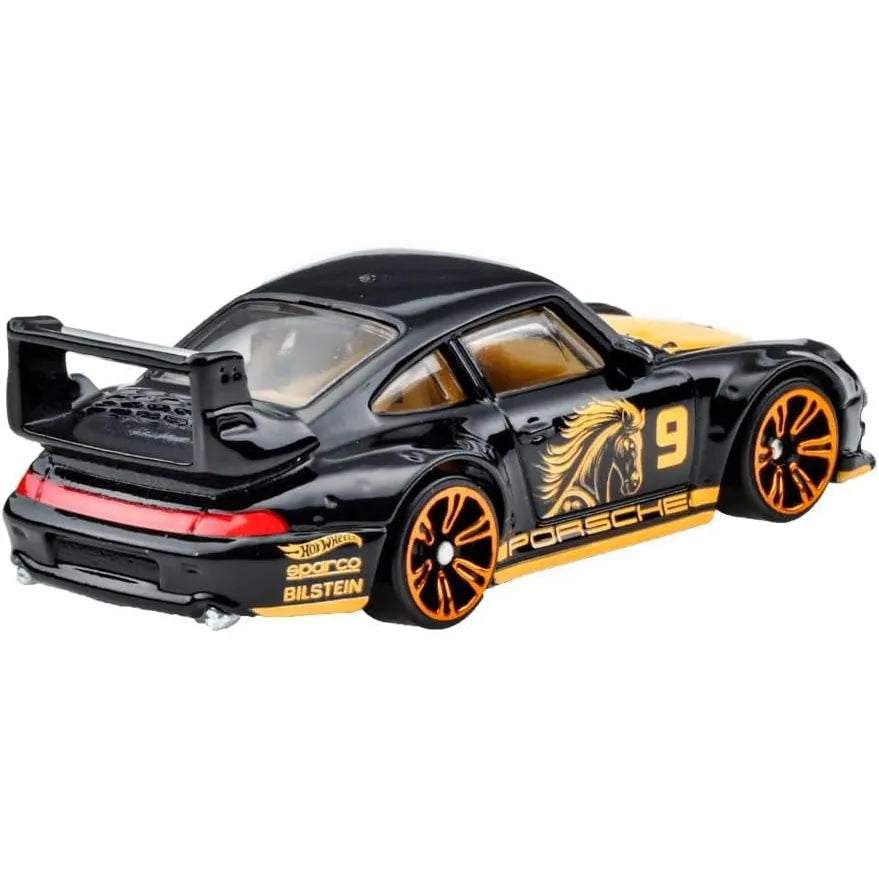 Hot Wheels 1:64 Porsche 993 GT2 in black with orange horse graphics and neon wheels from Neon Speeders series.