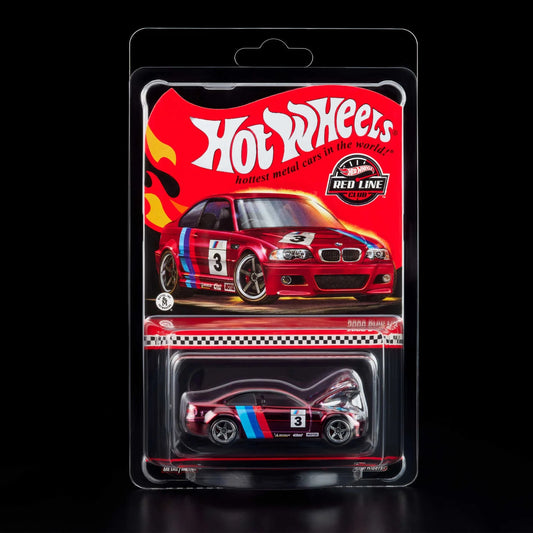 Hot Wheels 1:64 scale RLC Exclusive 2006 BMW M3 die-cast model in Spectraflame red with racing livery and opening hood.