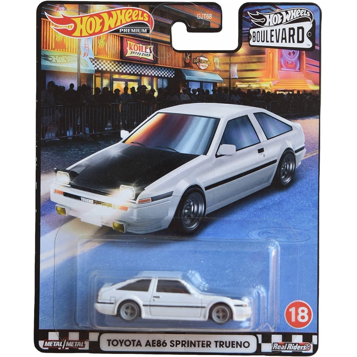 Hot Wheels 1:64 scale Premium Boulevard Series die-cast model of the Toyota AE86 Sprinter Trueno with JDM detailing.