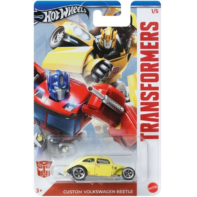 Hot Wheels 1:64 scale Transformers Custom Volkswagen Beetle die-cast model featuring Bumblebee design.