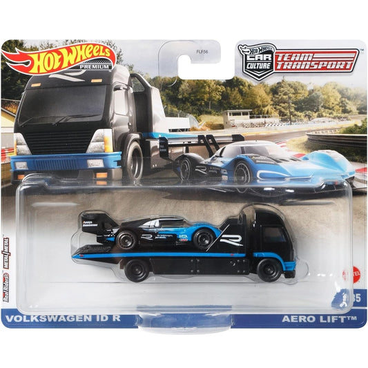 Hot Wheels 1:64 scale Team Transport #35 GRK69 FLF56 die-cast model of the Volkswagen ID R and Aero Lift transport truck with authentic race livery.