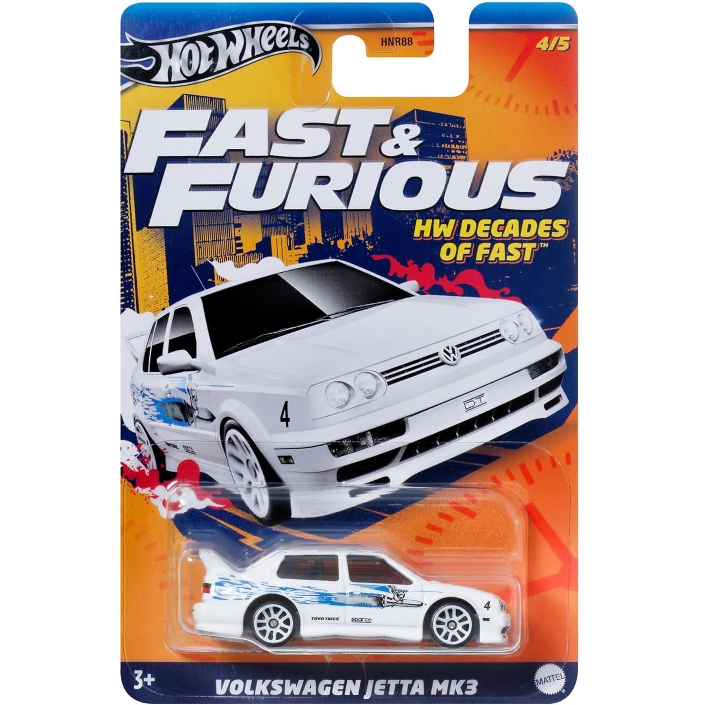 Hot Wheels 1:64 scale Fast & Furious HW Decades of Fast die-cast model of the Volkswagen Jetta MK3 with authentic movie livery.