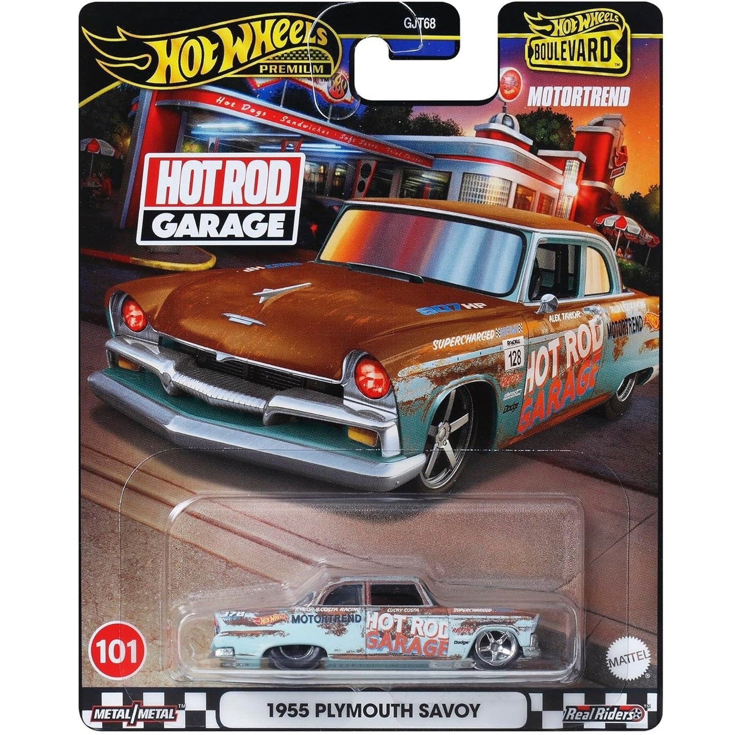 Hot Wheels 1955 Plymouth Savoy in green with chrome accents, part of the Premium Boulevard series, #101