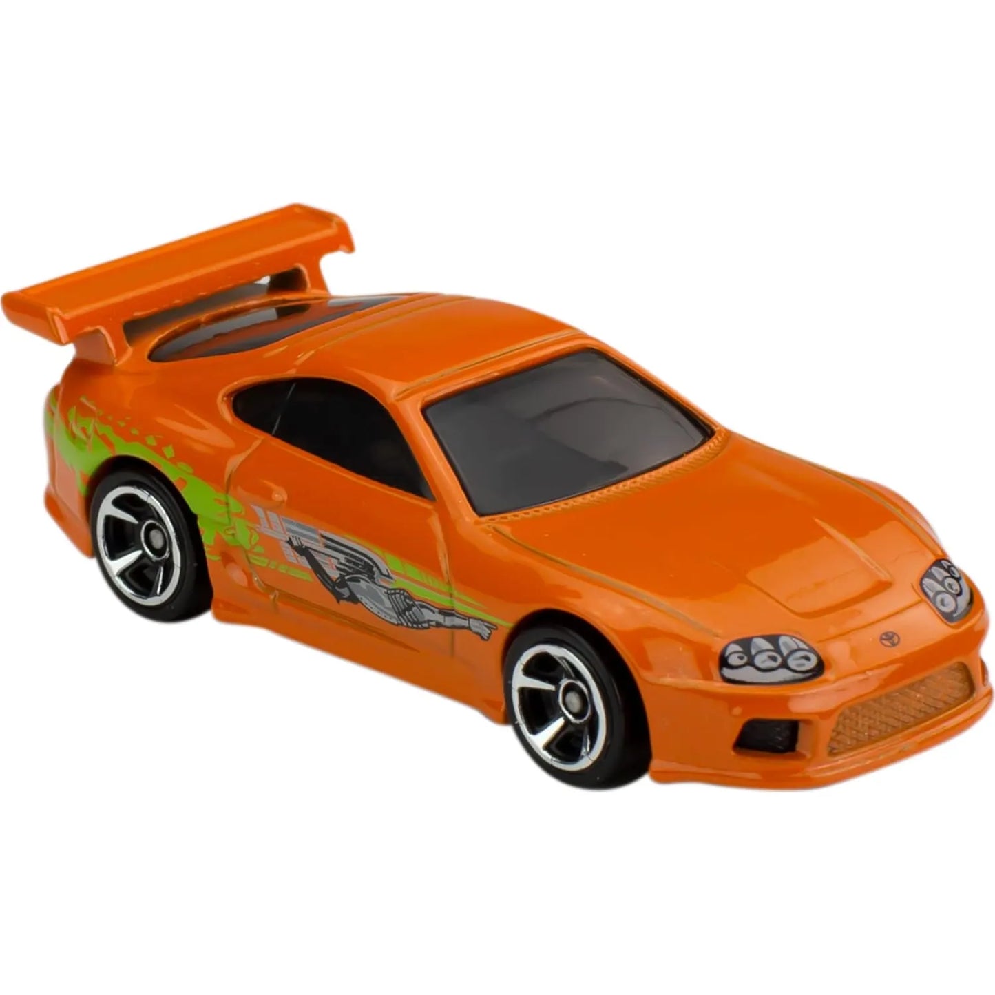 Hot Wheels 1:64 scale die-cast model of the 1994 Toyota Supra driven by Brian O’Conner in The Fast and the Furious, featuring iconic orange paint and racing decals.