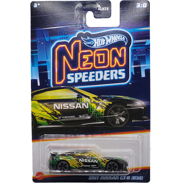 Hot Wheels 2017 Nissan GT-R (R35) in neon blue with detailed accents, part of the Neon Speeders series, HLH75