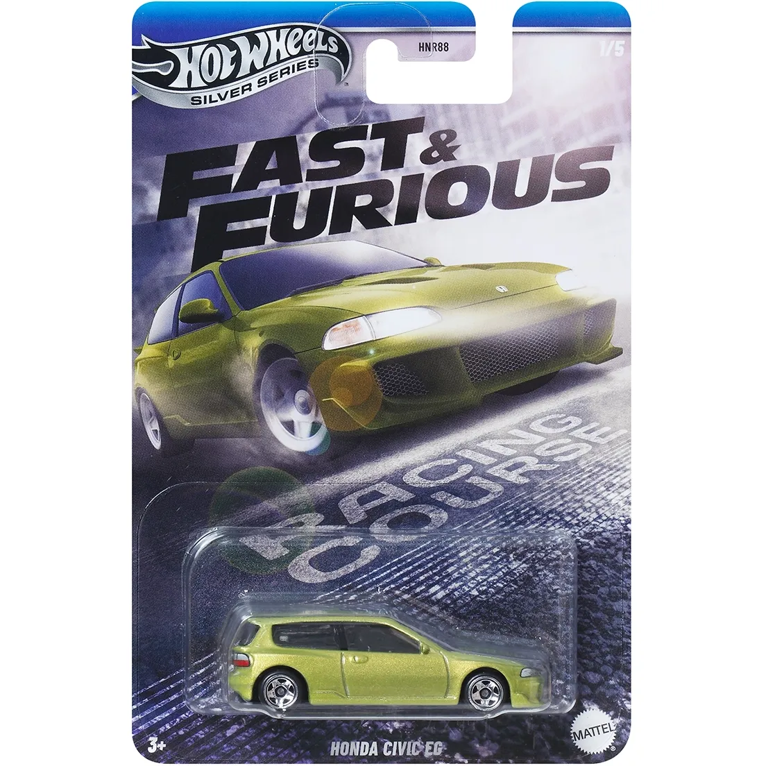 Hot Wheels 2025 Fast & Furious (Silver) / Racing Course 5-car set with Civic EG, Integra GSR, 240Z, Chevy Nova, and Bugatti Veyron.