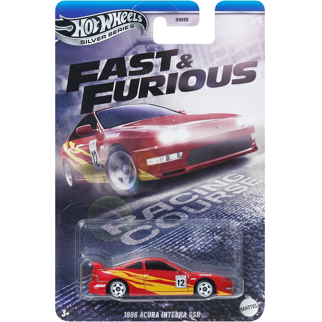 Hot Wheels 2025 Fast & Furious (Silver) / Racing Course 5-car set with Civic EG, Integra GSR, 240Z, Chevy Nova, and Bugatti Veyron.