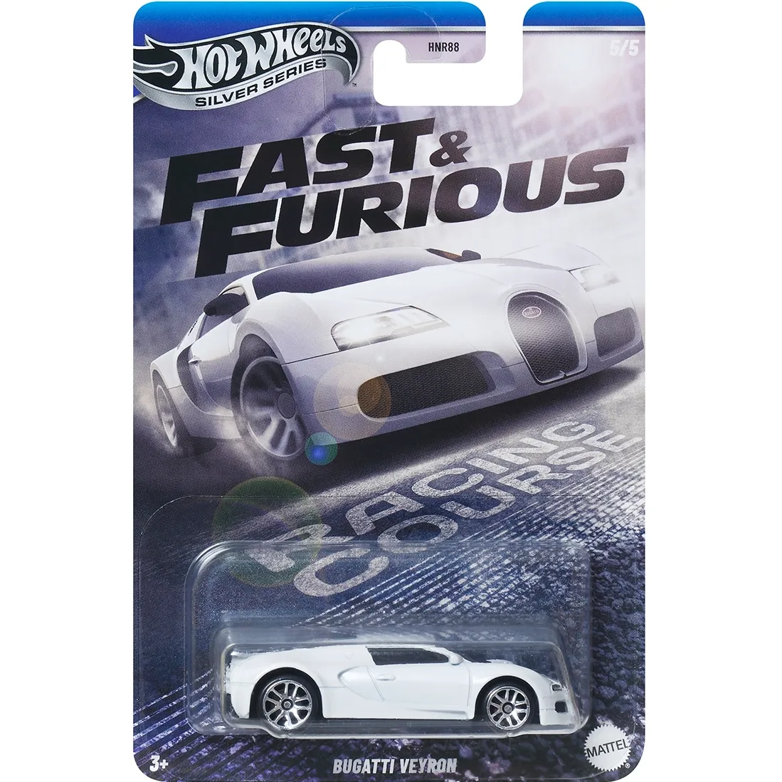 Hot Wheels 2025 Fast & Furious (Silver) / Racing Course 5-car set with Civic EG, Integra GSR, 240Z, Chevy Nova, and Bugatti Veyron.