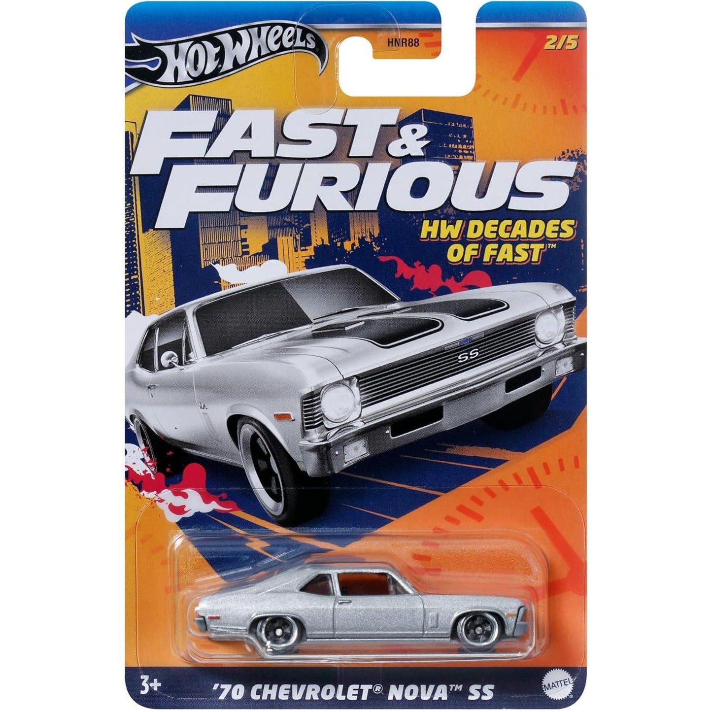 Hot Wheels 1:64 '70 Chevrolet Nova SS die-cast model from the Fast & Furious HW Decades of Fast series with premium detailing.