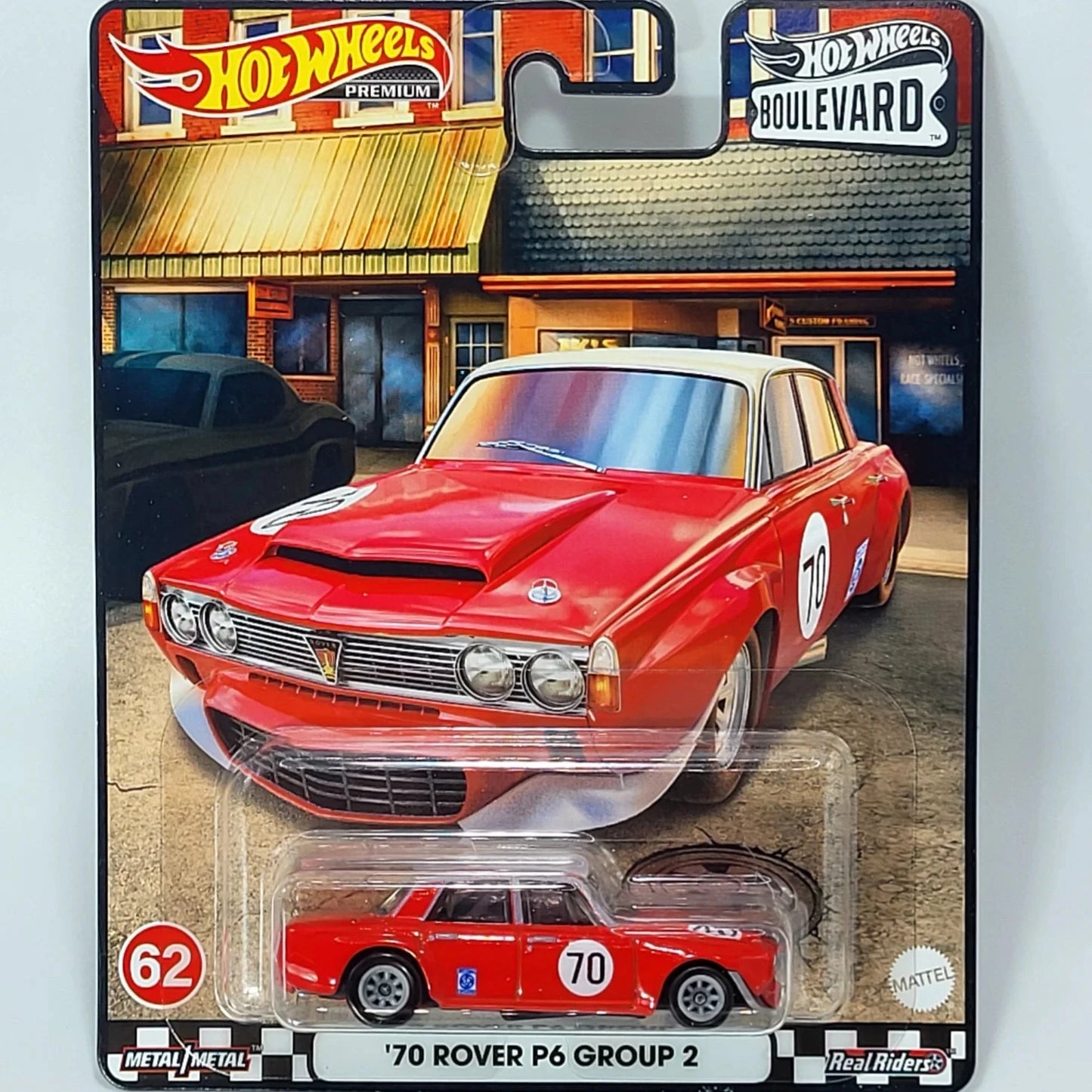 Hot Wheels '70 Rover P6 Group 2 in green with racing decals, part of the Premium Boulevard series, #62