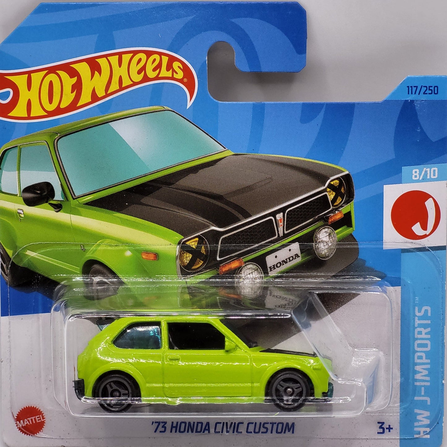Hot Wheels '73 Honda Civic Custom in green with JDM styling, part of the HW J-Imports series, 117/250 from 2023