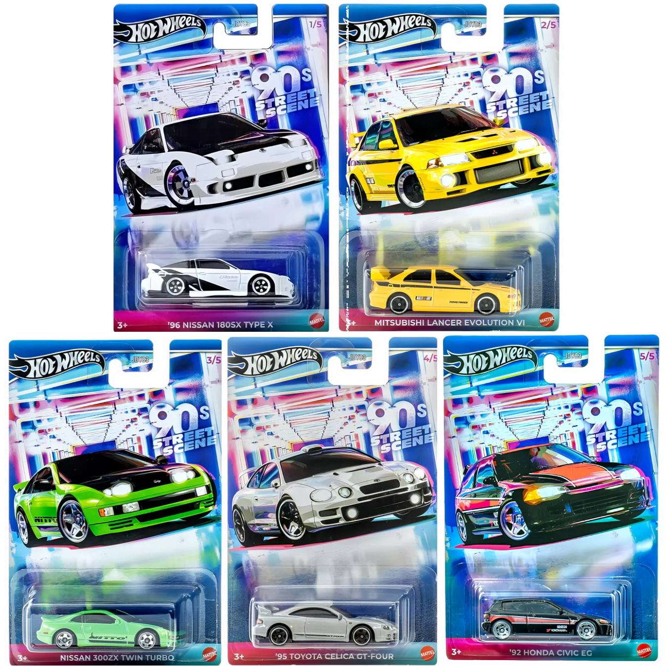 2025 Hot Wheels '90s Street Scene complete set of 5 die-cast cars, including Nissan, Mitsubishi, Toyota, and Honda models in 1/64 scale.