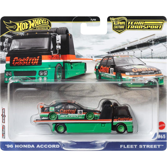 Hot Wheels Team Transport set featuring the '96 Honda Accord and Fleet Street hauler with premium detailing.