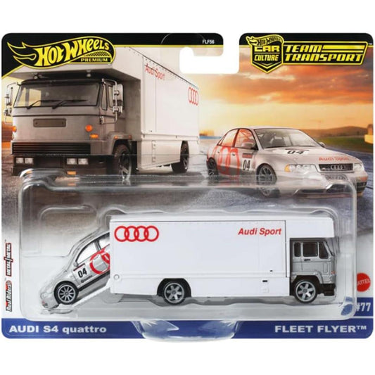 Hot Wheels Team Transport set with Audi S4 Quattro and Fleet Flyer hauler featuring racing livery and premium features.