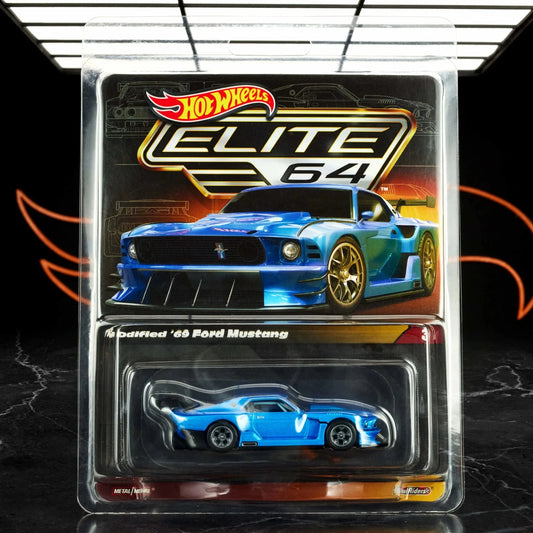 Hot Wheels 1:64 scale Elite 64 die-cast model of the Modified β69 Ford Mustang in metallic Acapulco blue with Real Riders wheels and removable front end.