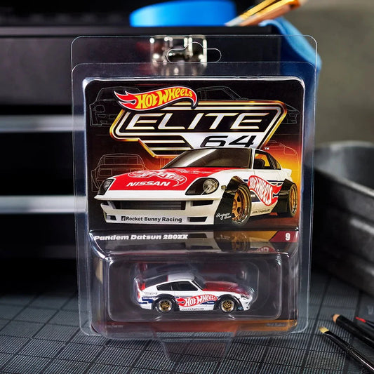 Hot Wheels 1:64 scale Elite 64 die-cast model of the Pandem Datsun 280ZX in white with Real Riders wheels and drift-inspired detailing.