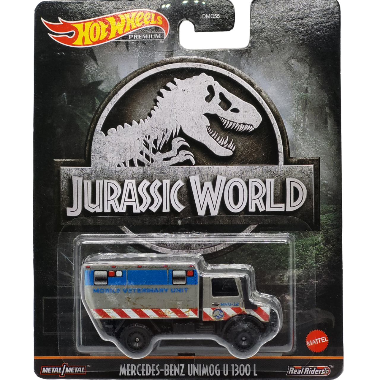 Hot Wheels Mercedes-Benz Unimog U 1300 L in gray with Jurassic World logos, part of the Premium Pop Culture Jurassic World series