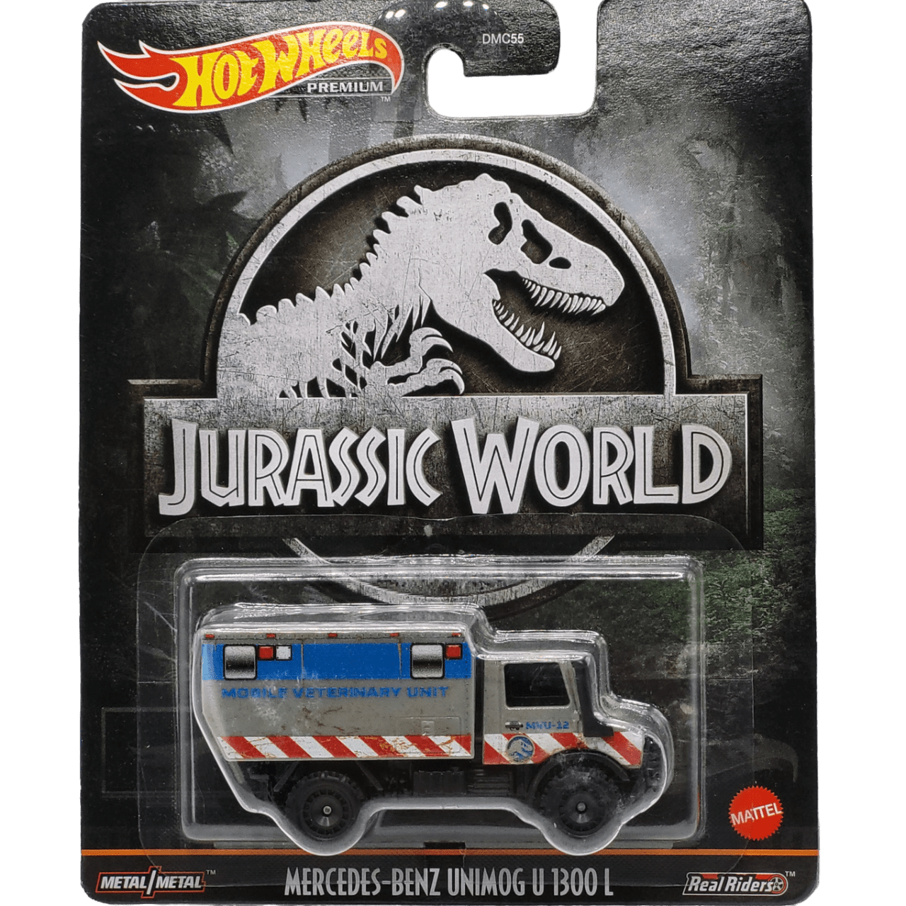 Hot Wheels Mercedes-Benz Unimog U 1300 L in gray with Jurassic World logos, part of the Premium Pop Culture Jurassic World series
