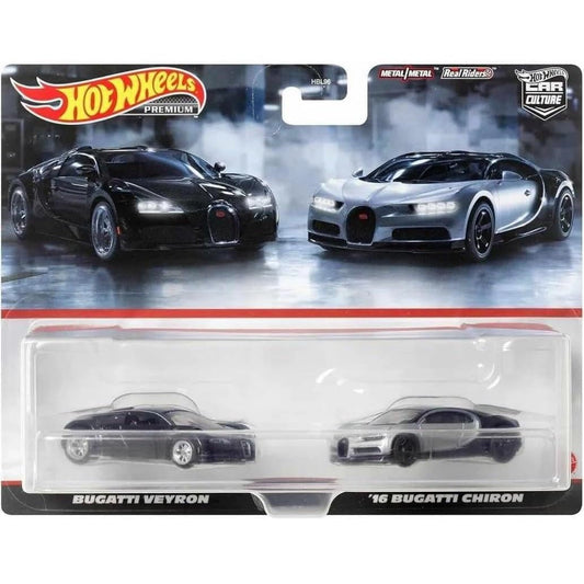 Hot Wheels 1:64 scale Premium Car Culture 2-Pack featuring Bugatti Veyron & '16 Bugatti Chiron die-cast models (HBL96 HKF52)