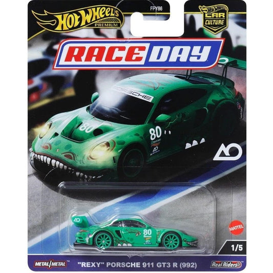 Hot Wheels "Rexy" Porsche 911 GT3 R (992) die-cast model with race-inspired livery, part of the Race Day series.