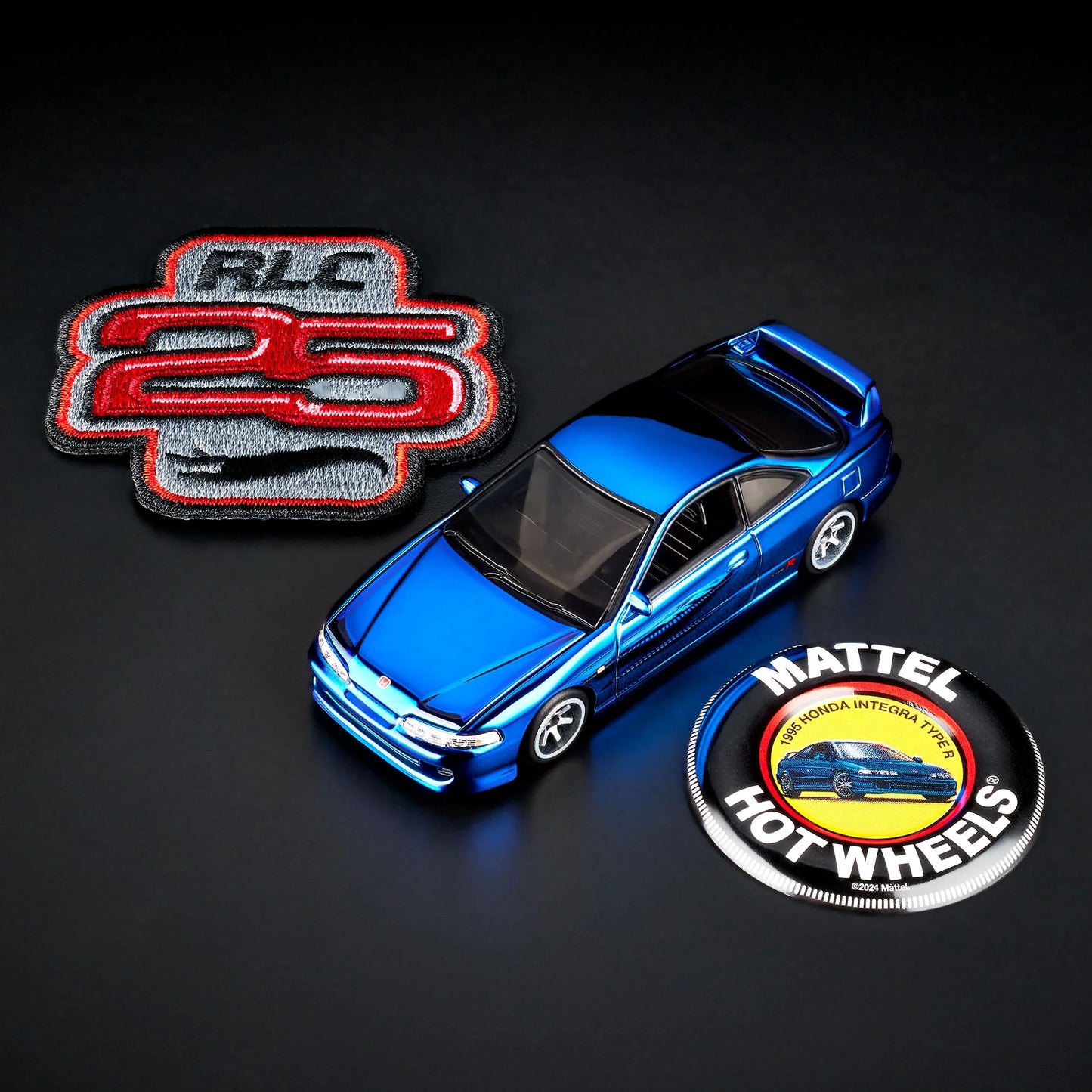 1:64 scale Hot Wheels RLC Exclusive 1995 Honda Integra Type R in Spectraflame OTTO Blue with hood open, showing detailed engine bay and Real Riders wheels. Includes RLC patch and button.
