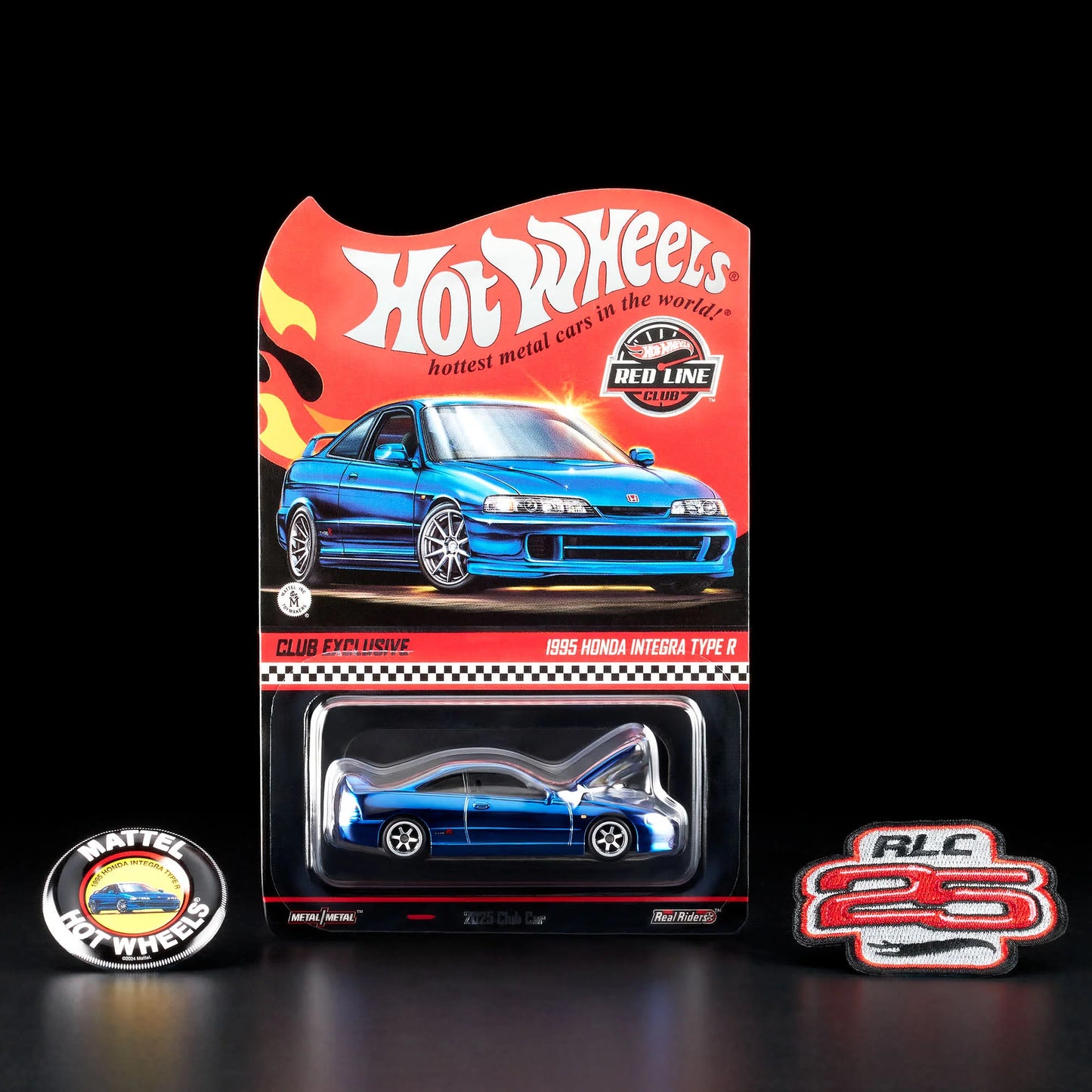 1:64 scale Hot Wheels RLC Exclusive 1995 Honda Integra Type R in Spectraflame OTTO Blue with hood open, showing detailed engine bay and Real Riders wheels. Includes RLC patch and button.
