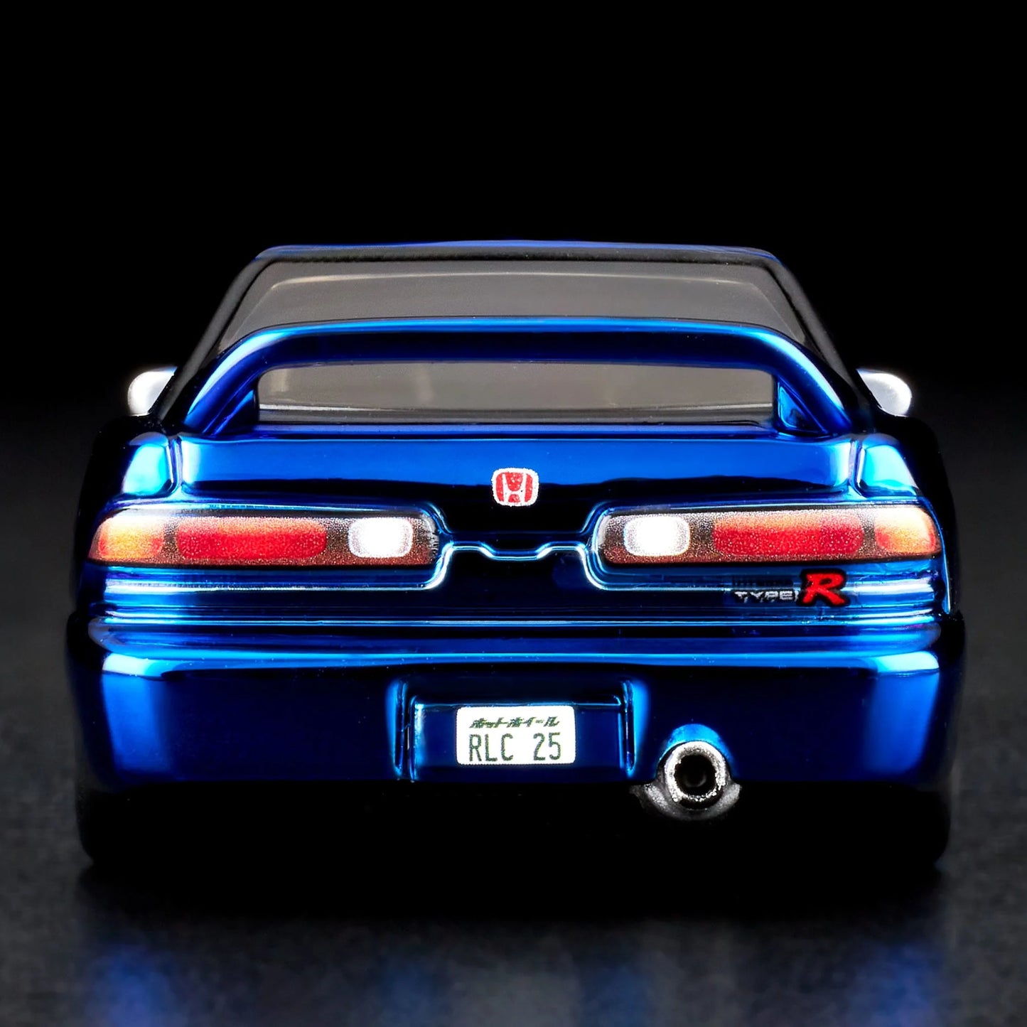 1:64 scale Hot Wheels RLC Exclusive 1995 Honda Integra Type R in Spectraflame OTTO Blue with hood open, showing detailed engine bay and Real Riders wheels. Includes RLC patch and button.