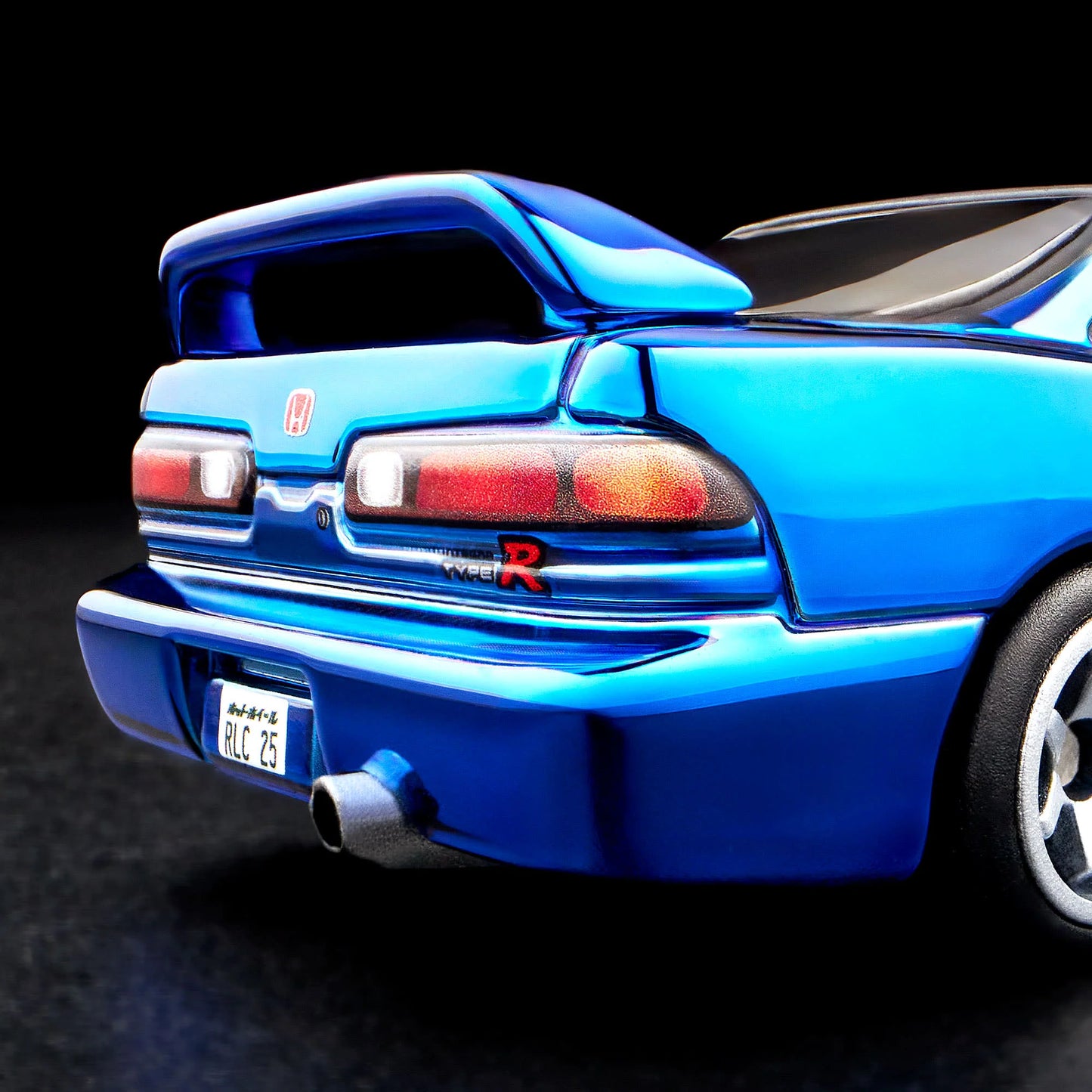 1:64 scale Hot Wheels RLC Exclusive 1995 Honda Integra Type R in Spectraflame OTTO Blue with hood open, showing detailed engine bay and Real Riders wheels. Includes RLC patch and button.
