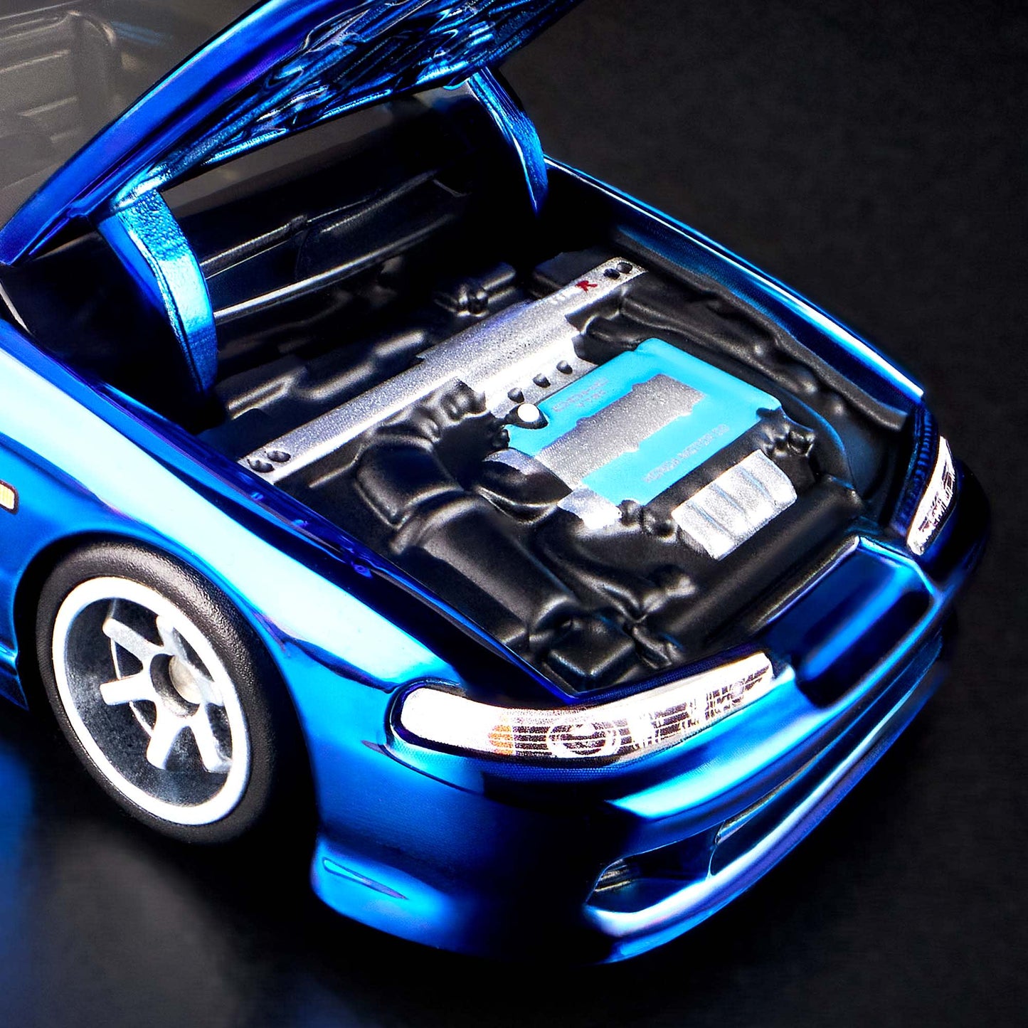 1:64 scale Hot Wheels RLC Exclusive 1995 Honda Integra Type R in Spectraflame OTTO Blue with hood open, showing detailed engine bay and Real Riders wheels. Includes RLC patch and button.