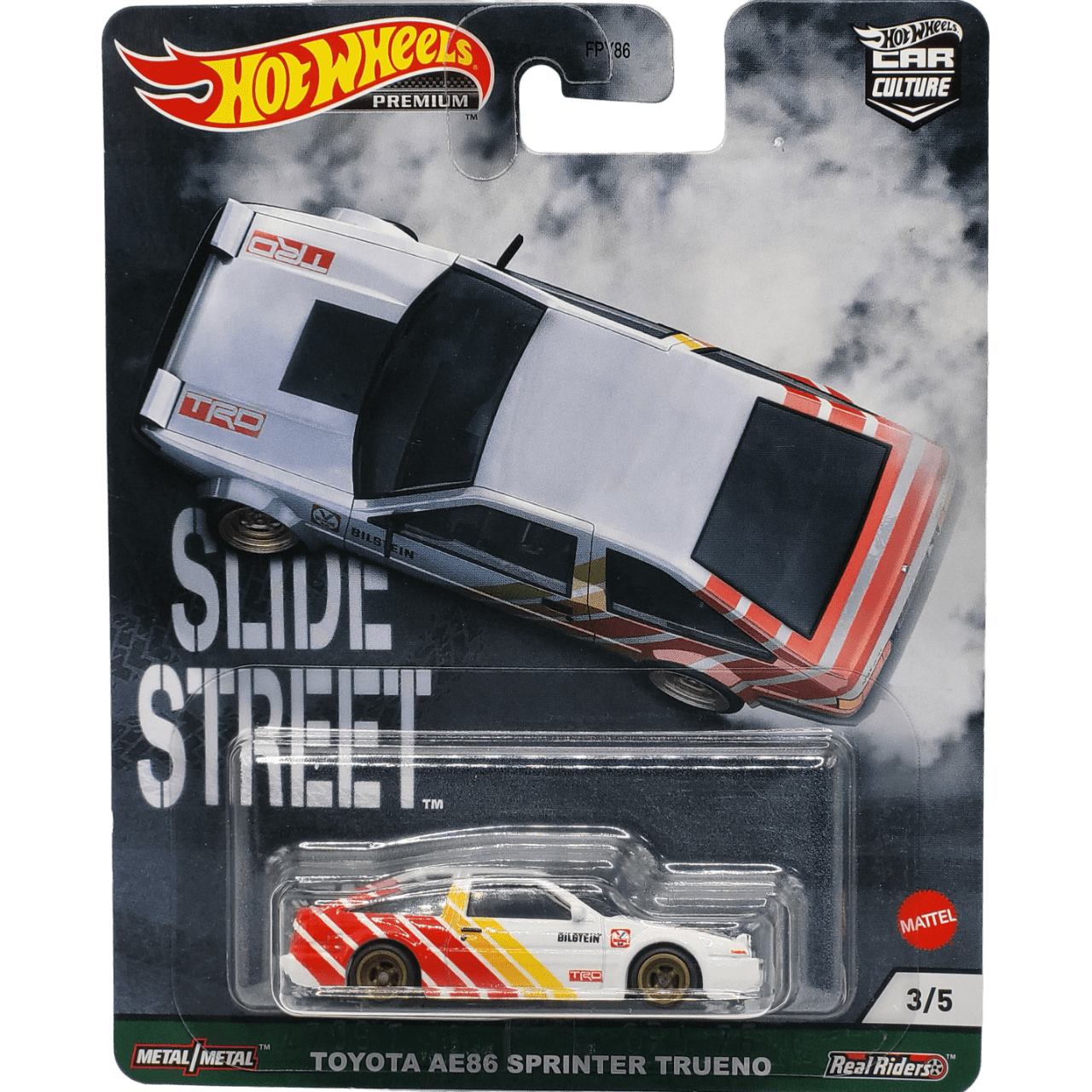 Hot Wheels Toyota AE86 Sprinter Trueno in black and white with drift decals, part of the Premium Slide Street series