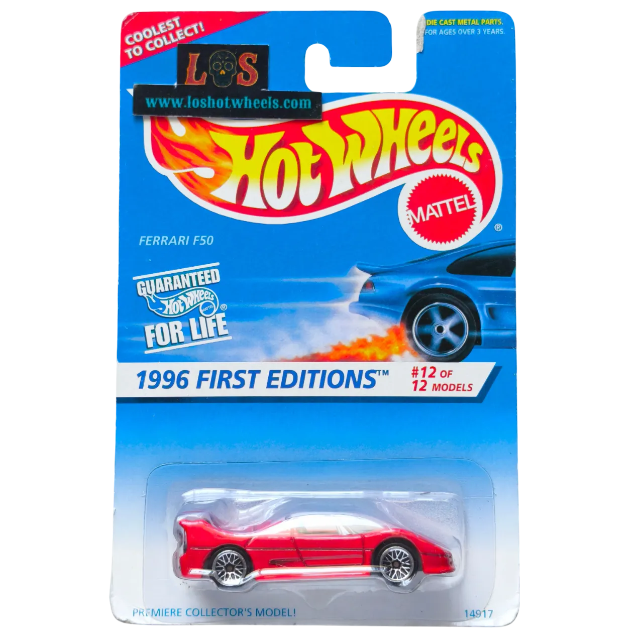 Hot Wheels Ferrari F50 die-cast model from the 1996 First Editions series in red, #12 of 12 models, displayed in original “Guaranteed for Life” collector packaging.