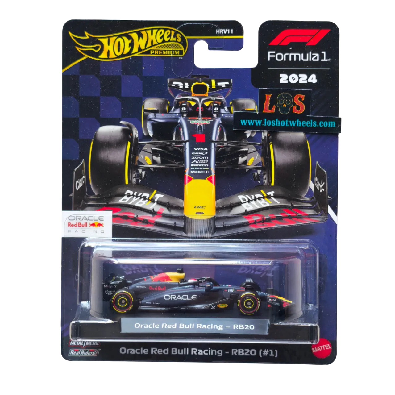 Hot Wheels Premium die-cast model of the 2024 Oracle Red Bull Racing RB20 driven by Max Verstappen, featuring Real Riders wheels and detailed livery in original packaging.