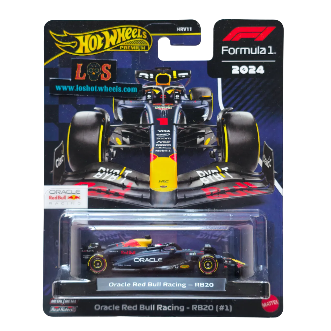 Hot Wheels Premium die-cast model of the 2024 Oracle Red Bull Racing RB20 driven by Max Verstappen, featuring Real Riders wheels and detailed livery in original packaging.