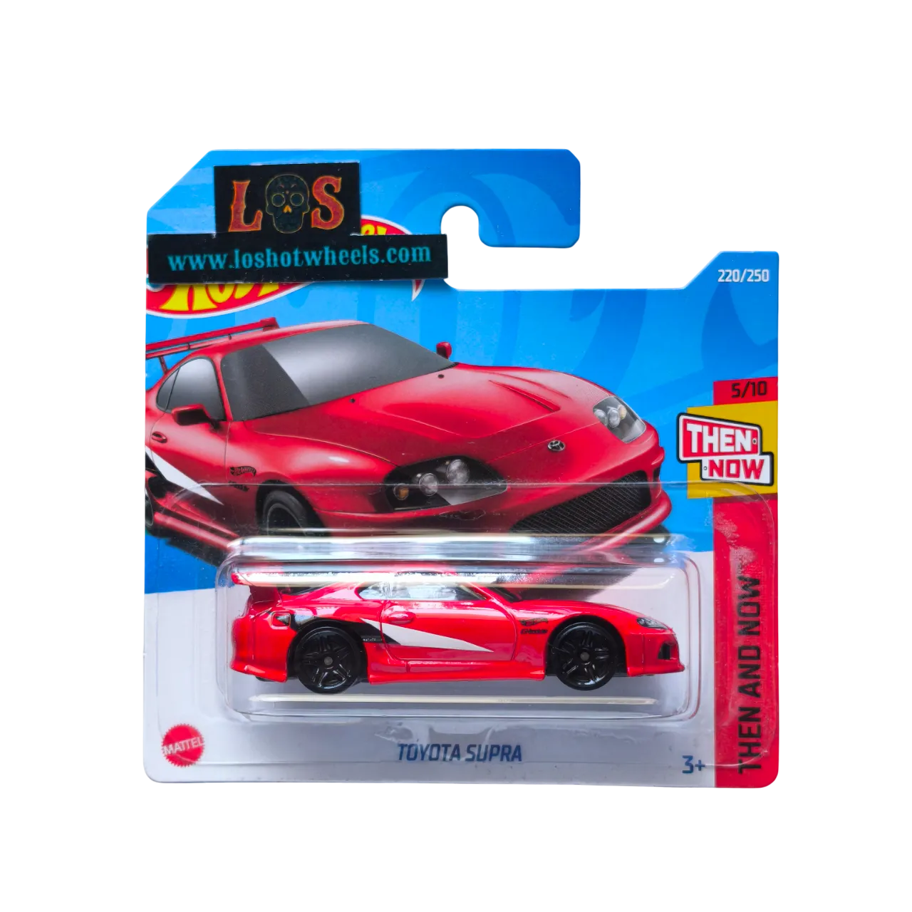 Hot Wheels Toyota Supra die-cast model from the Then and Now Series in red with white graphics and black wheels, 220/250, 5/10, displayed in original packaging.