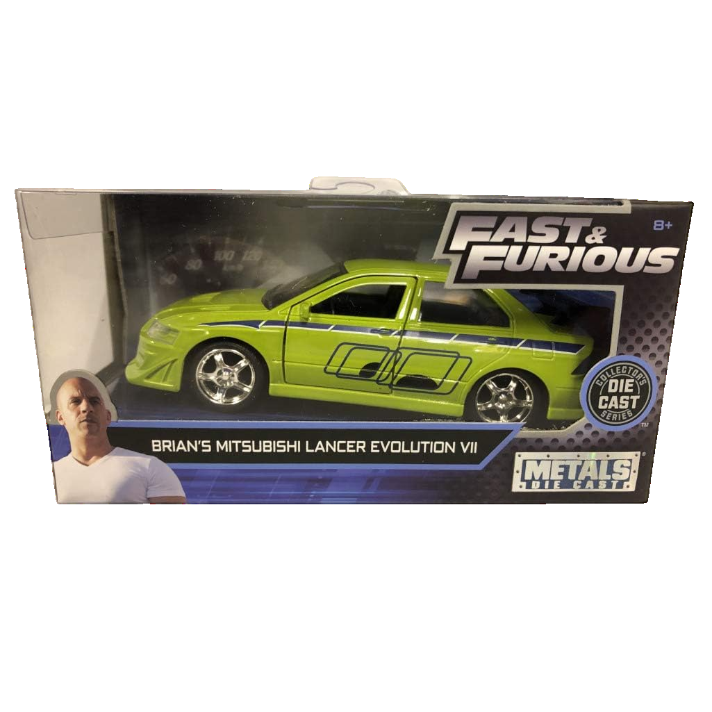 Jada 1:32 scale die-cast model of Brian's 2002 Mitsubishi Lancer EVO VII in green from 2 Fast 2 Furious.