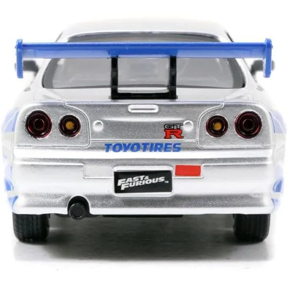 Jada 1:32 Fast & Furious twin pack with silver and blue Nissan GT-R R34 models driven by Brian O'Conner.