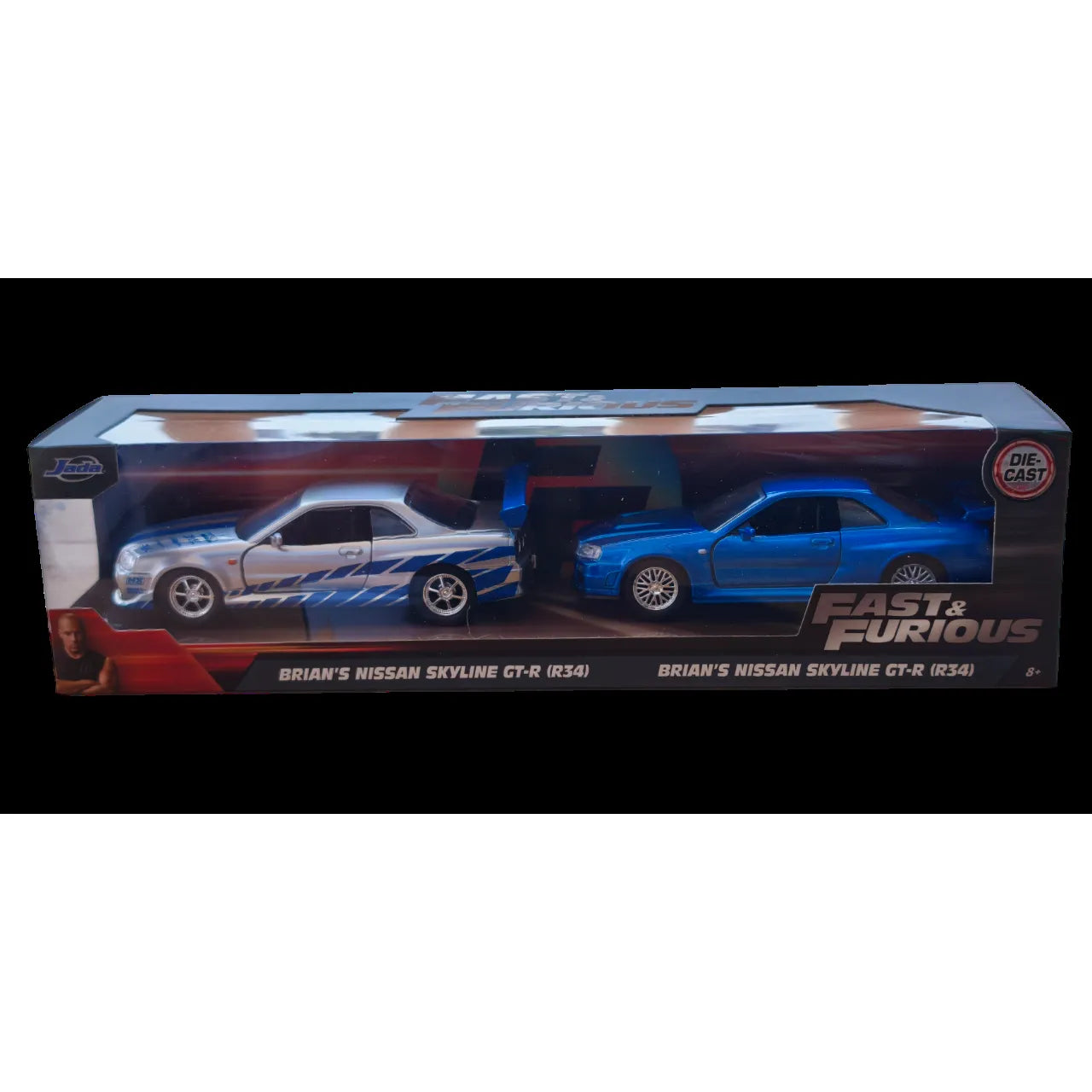 Jada 1:32 Fast & Furious twin pack with silver and blue Nissan GT-R R34 models driven by Brian O'Conner.