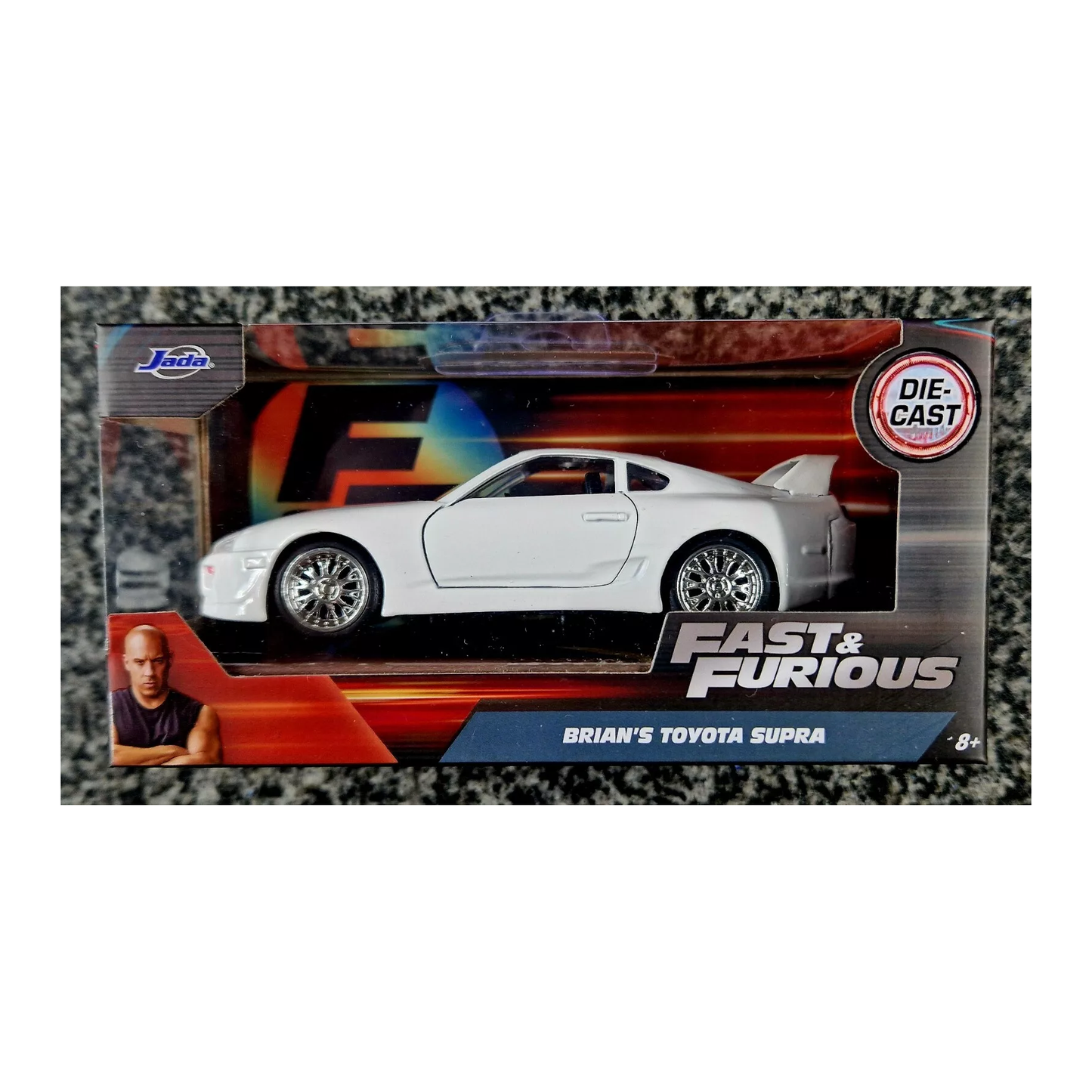 Jada Toys 1:32 die-cast model of Brian’s white 1995 Toyota Supra from Fast & Furious 7 with detailed finish.